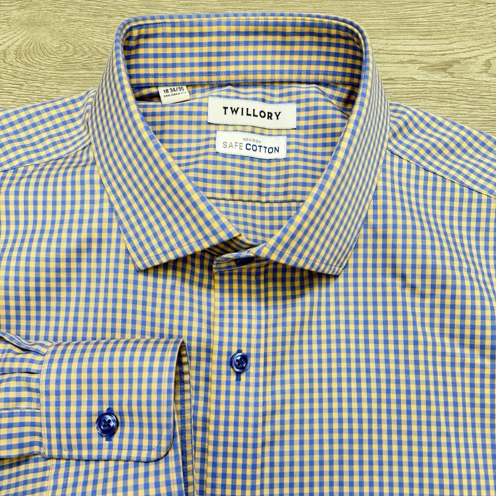 Twillory‎ Dress Shirt Mens 18 34/35 Blue Gold Gingham Check Non Iron Safe Cotton